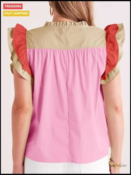 100% Cotton V-Neck Blouse Loose Fit Ruffle Color Block Tank Top - Picture 5 of 7